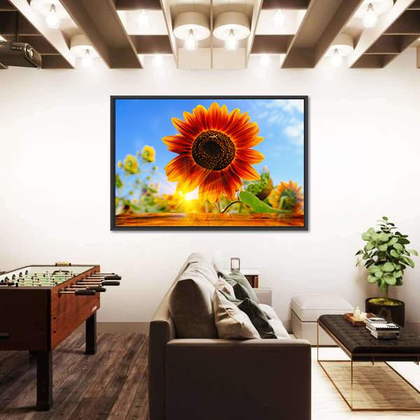 Red Sunflowers Field With Sun Rise Flare Effect Canvas Wall Art-3 Horizontal-Gallery Wrap-25" x 16"-Tiaracle