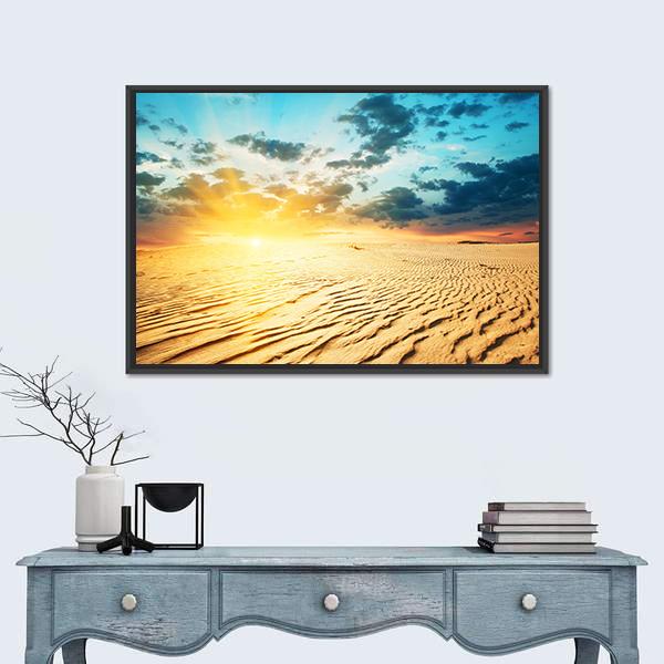 Red Sunset In A Desert With Dunes Canvas Wall Art-1 Piece-Floating Frame-24" x 16"-Tiaracle