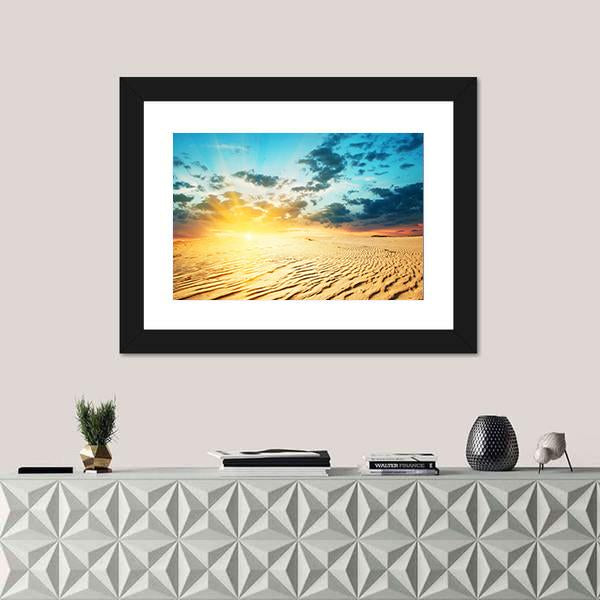 Red Sunset In A Desert With Dunes Canvas Wall Art-1 Piece-Framed Print-20" x 16"-Tiaracle
