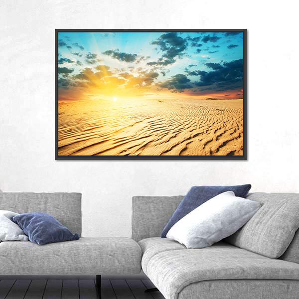 Red Sunset In A Desert With Dunes Canvas Wall Art-3 Horizontal-Gallery Wrap-25" x 16"-Tiaracle