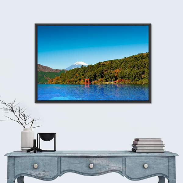 Red Torii Gate On Shore Of Lake Ashi Canvas Wall Art-1 Piece-Floating Frame-24" x 16"-Tiaracle