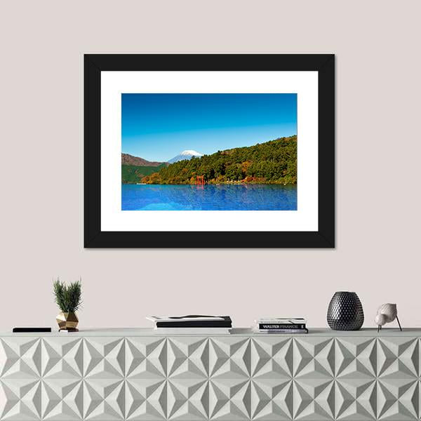 Red Torii Gate On Shore Of Lake Ashi Canvas Wall Art-1 Piece-Framed Print-20" x 16"-Tiaracle