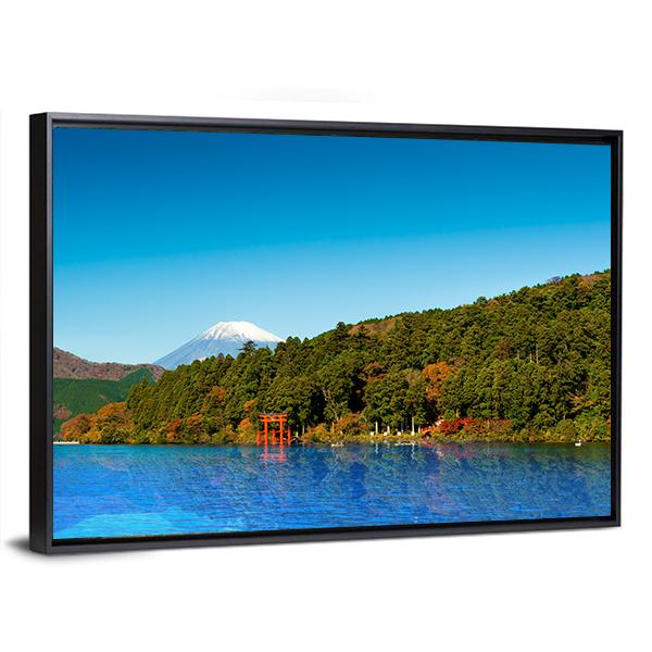 Red Torii Gate On Shore Of Lake Ashi Canvas Wall Art-3 Horizontal-Gallery Wrap-25" x 16"-Tiaracle