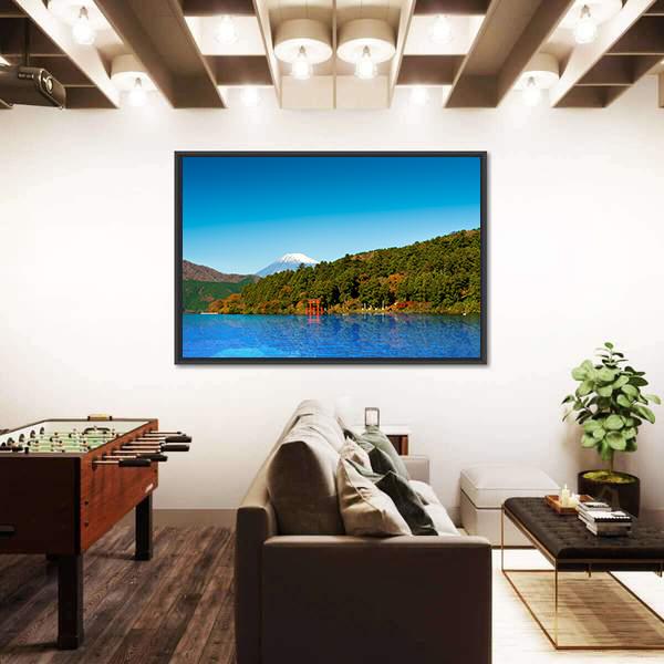 Red Torii Gate On Shore Of Lake Ashi Canvas Wall Art-3 Horizontal-Gallery Wrap-25" x 16"-Tiaracle