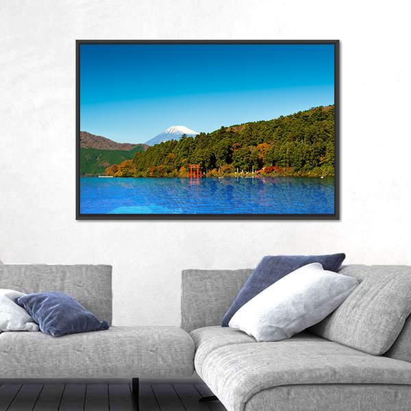 Red Torii Gate On Shore Of Lake Ashi Canvas Wall Art-3 Horizontal-Gallery Wrap-25" x 16"-Tiaracle