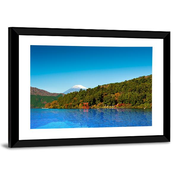 Red Torii Gate On Shore Of Lake Ashi Canvas Wall Art-3 Horizontal-Gallery Wrap-25" x 16"-Tiaracle