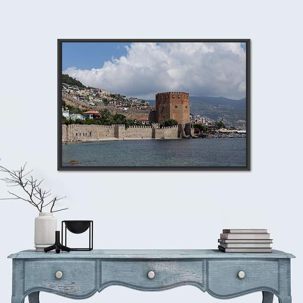 Red Tower And Castle Wall Of Alanya In Turkey Canvas Wall Art-1 Piece-Floating Frame-24" x 16"-Tiaracle
