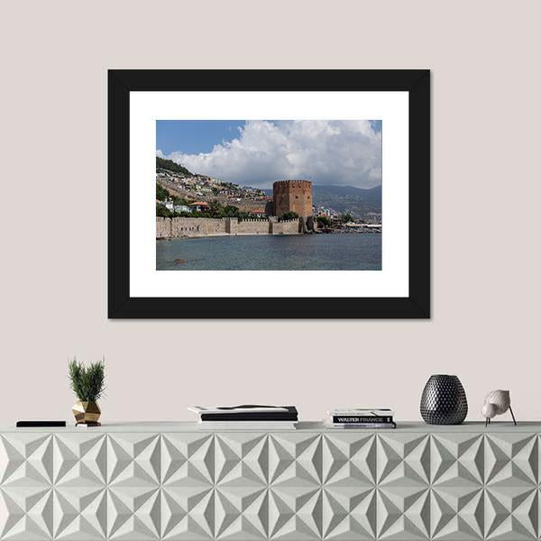 Red Tower And Castle Wall Of Alanya In Turkey Canvas Wall Art-1 Piece-Framed Print-20" x 16"-Tiaracle