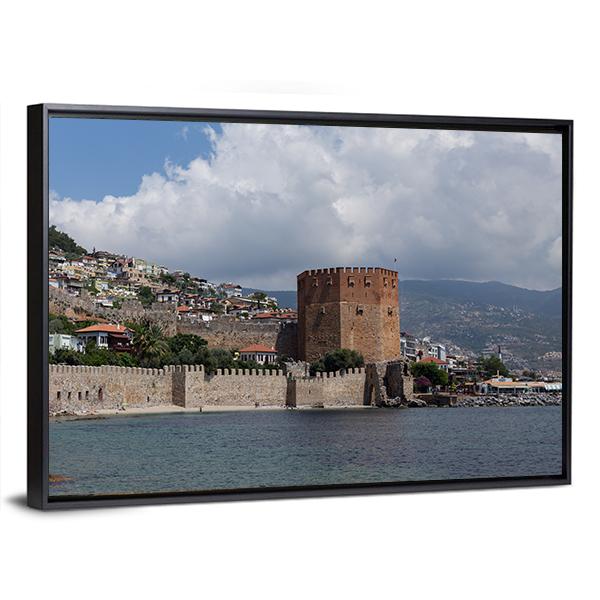 Red Tower And Castle Wall Of Alanya In Turkey Canvas Wall Art-3 Horizontal-Gallery Wrap-25" x 16"-Tiaracle