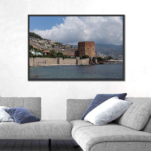 Red Tower And Castle Wall Of Alanya In Turkey Canvas Wall Art-3 Horizontal-Gallery Wrap-25" x 16"-Tiaracle