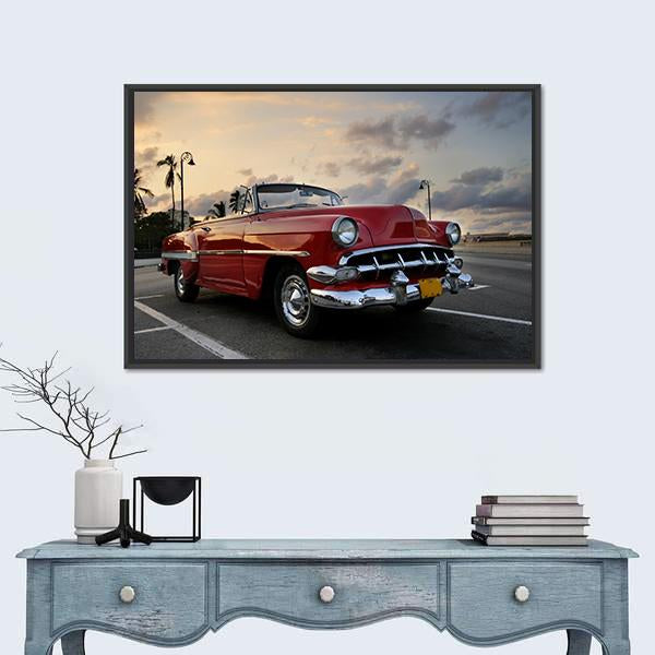 Red Vintage Car Parked In Havana Street Canvas Wall Art-1 Piece-Floating Frame-24&quot; x 16&quot;-Tiaracle