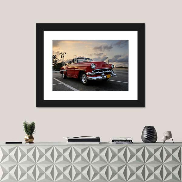 Red Vintage Car Parked In Havana Street Canvas Wall Art-1 Piece-Framed Print-20&quot; x 16&quot;-Tiaracle