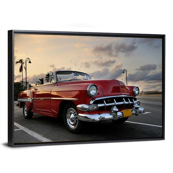 Red Vintage Car Parked In Havana Street Canvas Wall Art-3 Horizontal-Gallery Wrap-25" x 16"-Tiaracle