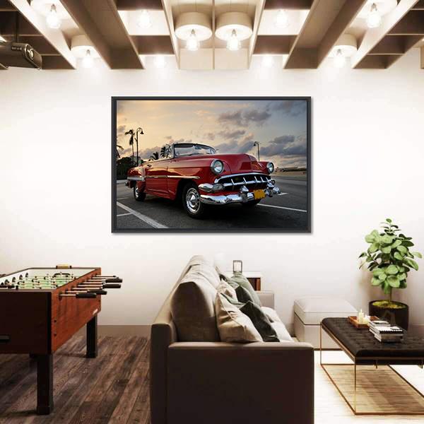 Red Vintage Car Parked In Havana Street Canvas Wall Art-3 Horizontal-Gallery Wrap-25&quot; x 16&quot;-Tiaracle