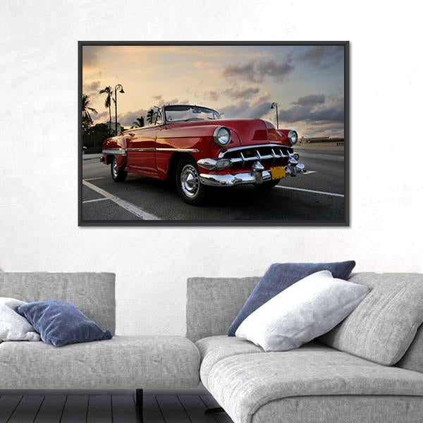 Red Vintage Car Parked In Havana Street Canvas Wall Art-3 Horizontal-Gallery Wrap-25" x 16"-Tiaracle