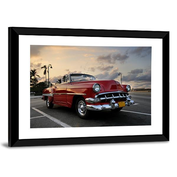 Red Vintage Car Parked In Havana Street Canvas Wall Art-3 Horizontal-Gallery Wrap-25&quot; x 16&quot;-Tiaracle