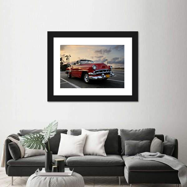 Red Vintage Car Parked In Havana Street Canvas Wall Art-3 Horizontal-Gallery Wrap-25&quot; x 16&quot;-Tiaracle