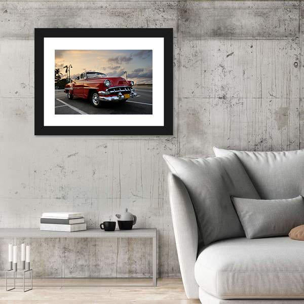 Red Vintage Car Parked In Havana Street Canvas Wall Art-3 Horizontal-Gallery Wrap-25" x 16"-Tiaracle