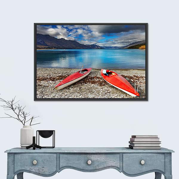Red kayaks At The Lakeside Canvas Wall Art-1 Piece-Floating Frame-24" x 16"-Tiaracle