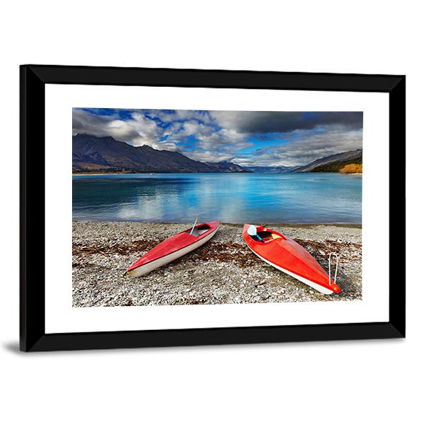 Red kayaks At The Lakeside Canvas Wall Art-5 Horizontal-Gallery Wrap-22" x 12"-Tiaracle