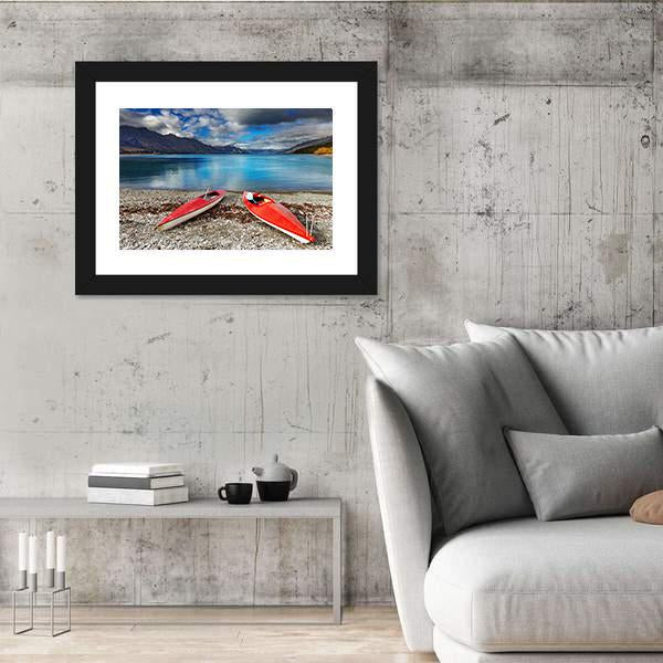 Red kayaks At The Lakeside Canvas Wall Art-5 Horizontal-Gallery Wrap-22" x 12"-Tiaracle