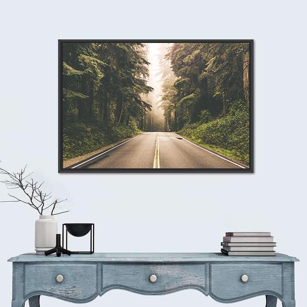 Redwood Forest Highway In California Canvas Wall Art-1 Piece-Floating Frame-24" x 16"-Tiaracle