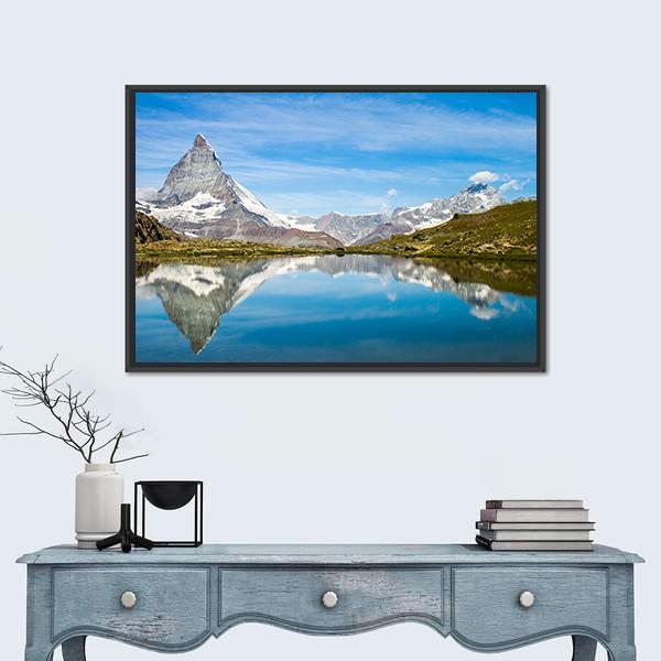 Reflection Of Matterhorn In Lake Canvas Wall Art-1 Piece-Floating Frame-24" x 16"-Tiaracle