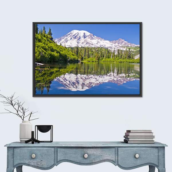 Bench Lake Reflection of Mt Rainier Canvas Wall Art in white, green and blue, framed canvas, product view on a white background