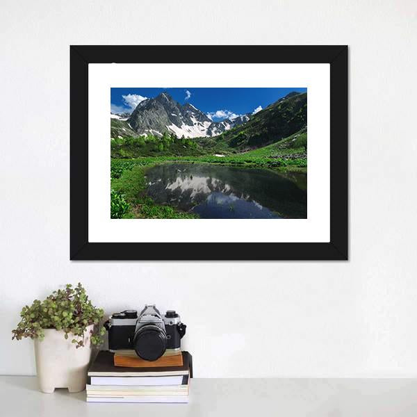 Reflection Of Snow Mountain Canvas Wall Art-1 Piece-Framed Print-20" x 16"-Tiaracle