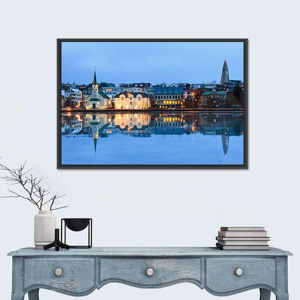 Reykjavik Reflection at Dusk Canvas Wall Art in white, yellow and blue, framed canvas, product view on a white background