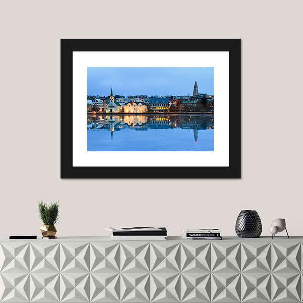Reflection Of The Cityscape Of Reykjavik Canvas Wall Art-1 Piece-Framed Print-20" x 16"-Tiaracle