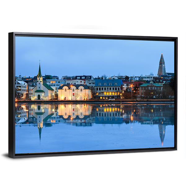 Reflection Of The Cityscape Of Reykjavik Canvas Wall Art-3 Horizontal-Gallery Wrap-25" x 16"-Tiaracle