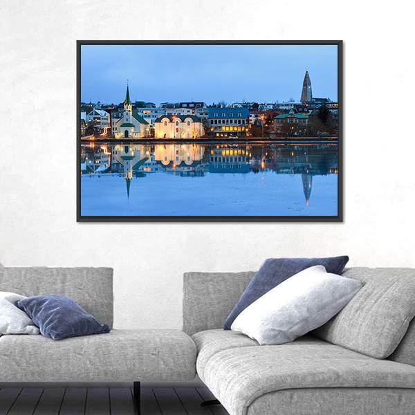 Reflection Of The Cityscape Of Reykjavik Canvas Wall Art-3 Horizontal-Gallery Wrap-25" x 16"-Tiaracle