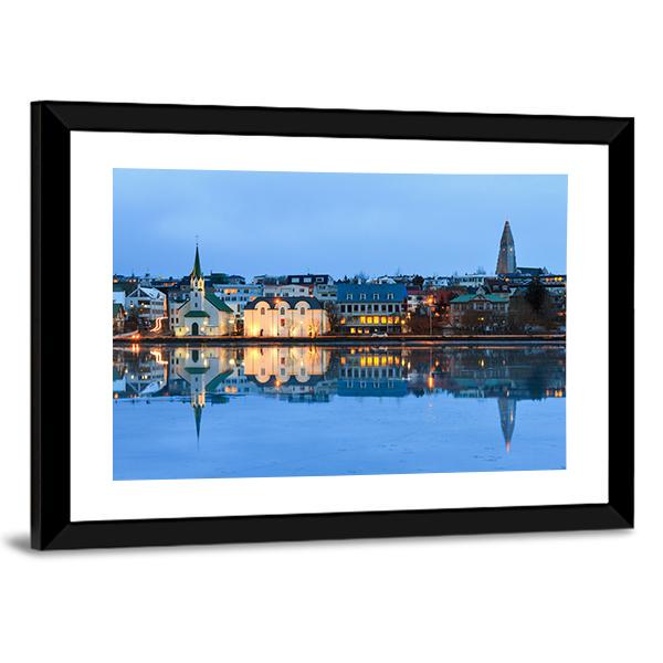 Reflection Of The Cityscape Of Reykjavik Canvas Wall Art-3 Horizontal-Gallery Wrap-25" x 16"-Tiaracle