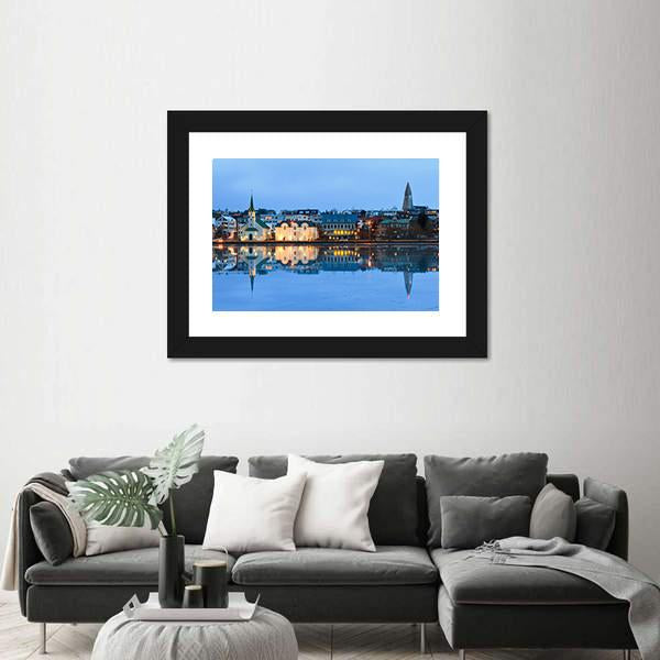 Reflection Of The Cityscape Of Reykjavik Canvas Wall Art-3 Horizontal-Gallery Wrap-25" x 16"-Tiaracle