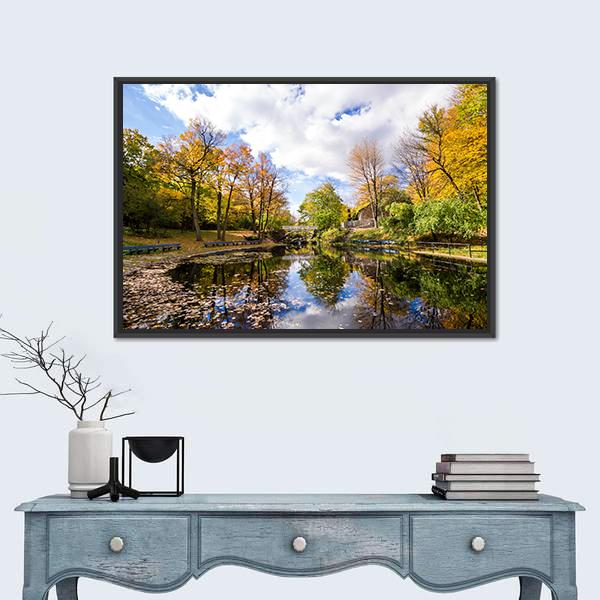 Reflection Of Trees In A Small Lake Canvas Wall Art-1 Piece-Floating Frame-24" x 16"-Tiaracle
