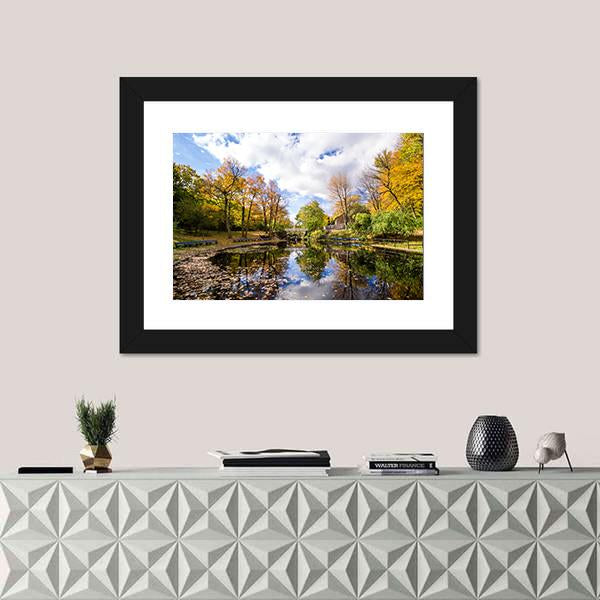 Reflection Of Trees In A Small Lake Canvas Wall Art-1 Piece-Framed Print-20" x 16"-Tiaracle