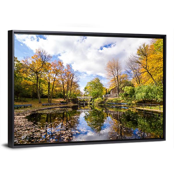 Reflection Of Trees In A Small Lake Canvas Wall Art-3 Horizontal-Gallery Wrap-25" x 16"-Tiaracle