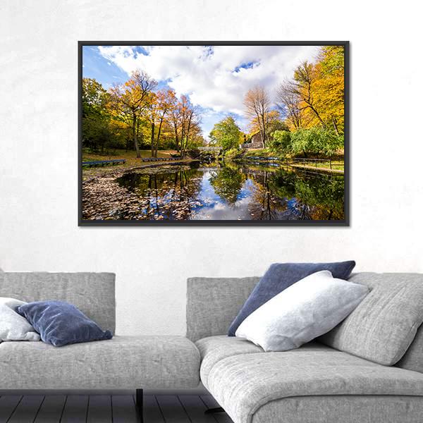 Reflection Of Trees In A Small Lake Canvas Wall Art-3 Horizontal-Gallery Wrap-25" x 16"-Tiaracle