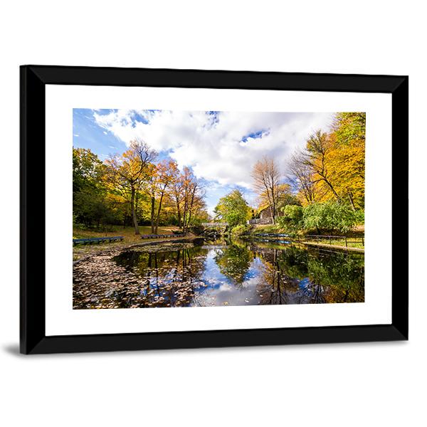 Reflection Of Trees In A Small Lake Canvas Wall Art-3 Horizontal-Gallery Wrap-25" x 16"-Tiaracle