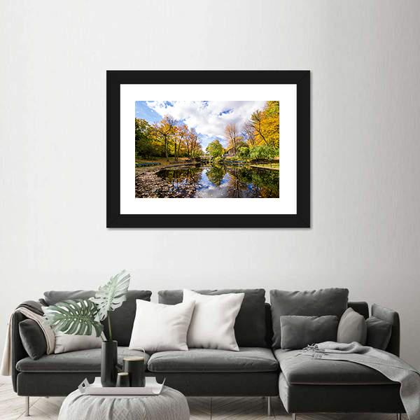 Reflection Of Trees In A Small Lake Canvas Wall Art-3 Horizontal-Gallery Wrap-25" x 16"-Tiaracle