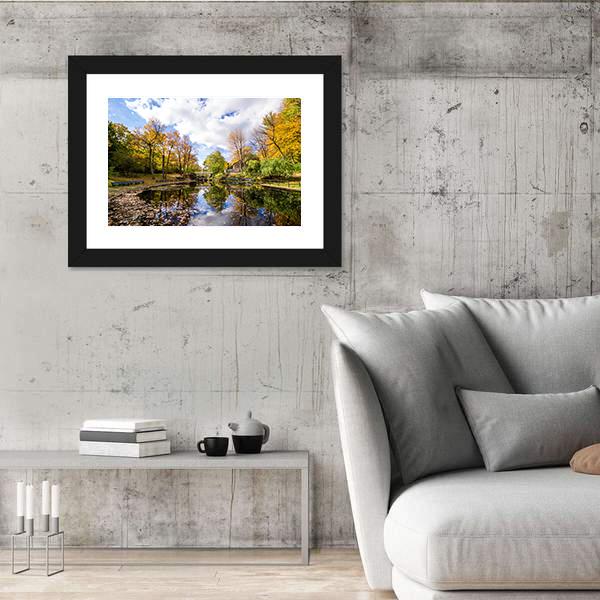 Reflection Of Trees In A Small Lake Canvas Wall Art-3 Horizontal-Gallery Wrap-25" x 16"-Tiaracle