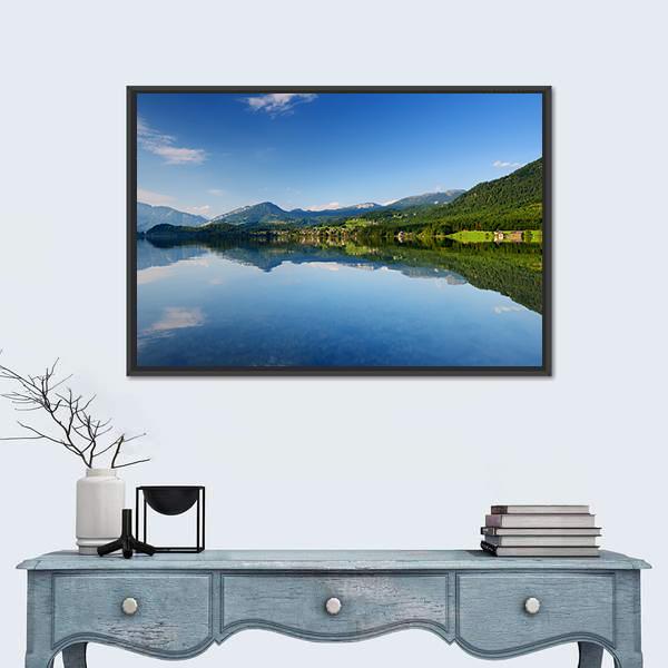 Reflections In Calm Waters Of Hallstatt Lake Canvas Wall Art-1 Piece-Floating Frame-24" x 16"-Tiaracle