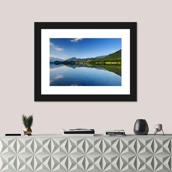 Reflections In Calm Waters Of Hallstatt Lake Canvas Wall Art-1 Piece-Framed Print-20" x 16"-Tiaracle