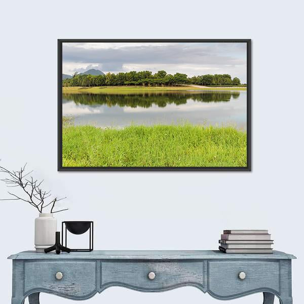 Reservoir With Green Grass Meadow Canvas Wall Art-1 Piece-Floating Frame-24" x 16"-Tiaracle