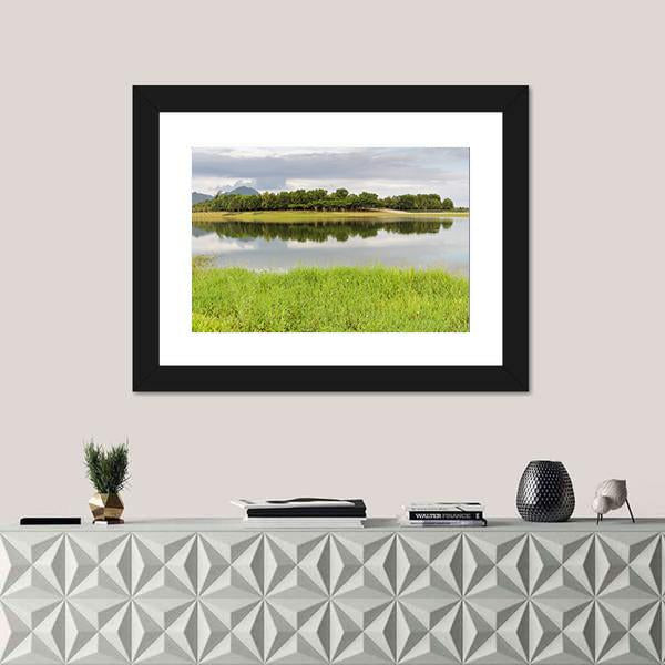 Reservoir With Green Grass Meadow Canvas Wall Art-1 Piece-Framed Print-20" x 16"-Tiaracle
