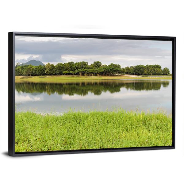 Reservoir With Green Grass Meadow Canvas Wall Art-3 Horizontal-Gallery Wrap-25" x 16"-Tiaracle