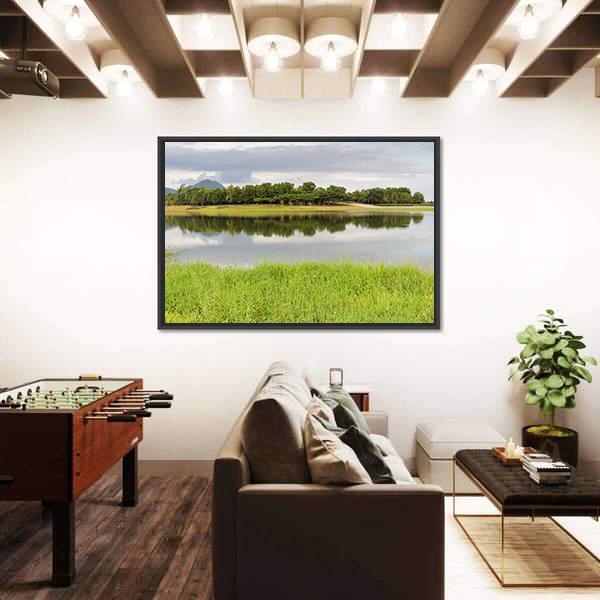 Reservoir With Green Grass Meadow Canvas Wall Art-3 Horizontal-Gallery Wrap-25" x 16"-Tiaracle