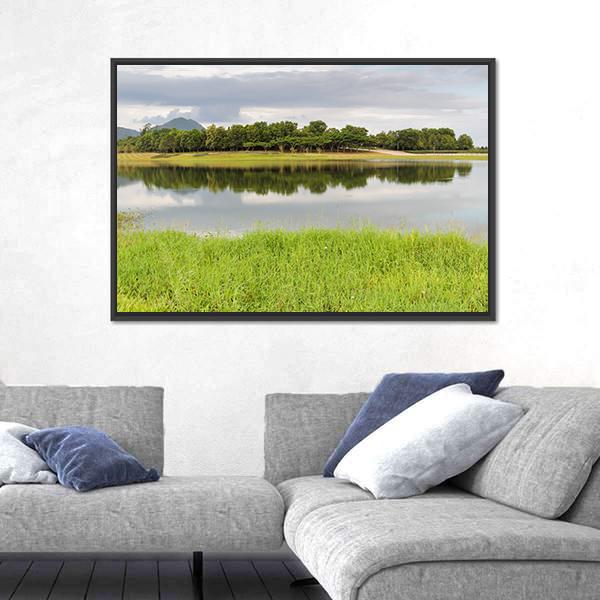 Reservoir With Green Grass Meadow Canvas Wall Art-3 Horizontal-Gallery Wrap-25" x 16"-Tiaracle
