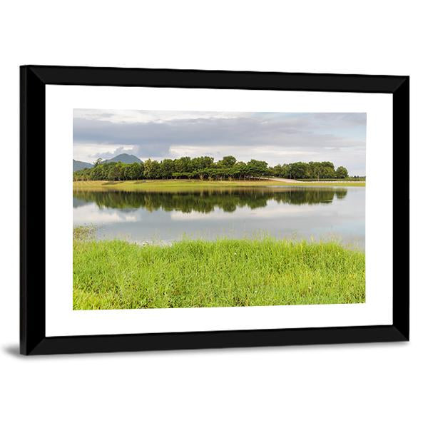 Reservoir With Green Grass Meadow Canvas Wall Art-3 Horizontal-Gallery Wrap-25" x 16"-Tiaracle